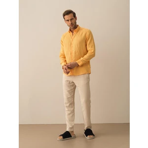 Erkek Sarı Regular Fit Keten Basic Gömlek