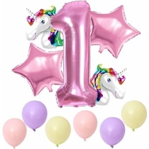 Unicorn Temalı Pembe 1 Yaş ve Yıldızlı Doğum Günü Parti Süsü