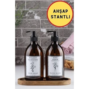 Büyülü Home 500ML Oval Ahşap Stantlı 2'li Amber Cam Sıvı Sabun Bulaşık Deterjanı Şişesi Sabunluk 500ML