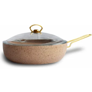 26 cm Cam Kapaklı Granit Düz Tava Altın Renk Kulplu