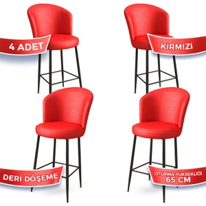 Concept Rika Serisi 65 cm Deri Bar Sandalyesi Siyah Metal Ayaklı 4 Adet Ada Mutfak Bar Sandalyesi