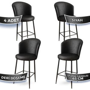 Concept Rika Serisi 65 cm Deri Bar Sandalyesi Siyah Metal Ayaklı 4 Adet Ada Mutfak Bar Sandalyesi
