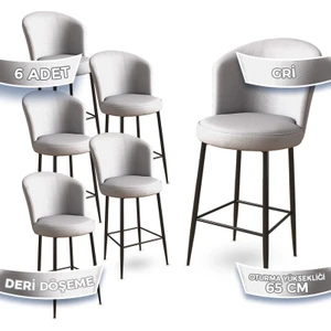 Concept Rika Serisi 65 cm Deri Bar Sandalyesi Siyah Metal Ayaklı 6 Adet Ada Mutfak Bar Sandalyesi