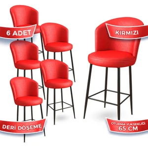 Concept Rika Serisi 65 cm Deri Bar Sandalyesi Siyah Metal Ayaklı 6 Adet Ada Mutfak Bar Sandalyesi