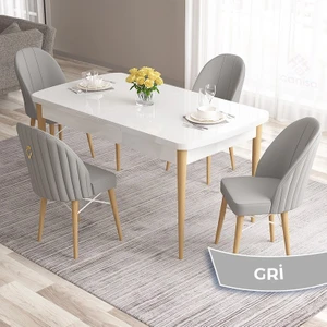 Concept Roz Serisi 80X132 Mdf Beyaz Mutfak Masa Takımı Doğal Ahşap Ayak Beyaz Kafes 4 Sandalye  Gold Halka