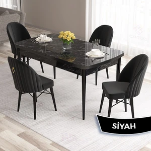Concept Roz Serisi 80X132 Mdf Açılabilir Siyah Mermer Desen  Mutfak Masa Takımı 4 Sandalye Gold Halkalı