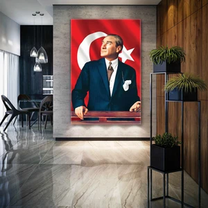 SML Tablo Mustafa Kemal Atatürk Arkasında Bayrak Makam Odası Dekor Kanvas Tablo
