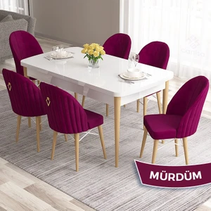 Concept Roz Serisi 80X132 Mdf Beyaz Mutfak Masa Takımı Doğal Ahşap Ayak Beyaz Kafes 6 Sandalye  Gold Halka