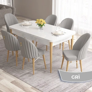 Concept Roz Serisi 80X132 Mdf Beyaz Mutfak Masa Takımı Doğal Ahşap Ayak Beyaz Kafes 6 Sandalye  Gold Halka