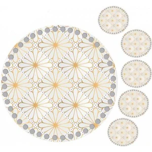 Grafilli Design 30 cm Papatya Baskılı Örgü Ahşap Tepsi Tabanı Plakası, 5 Adet 10 cm Baskılı Bardak Altı