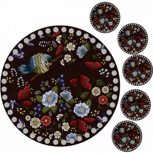 Grafilli Design 30 cm Balık Baskılı Örgü Ahşap Tepsi Tabanı Plakası, 5 Adet 10 cm Baskılı Bardak Altı