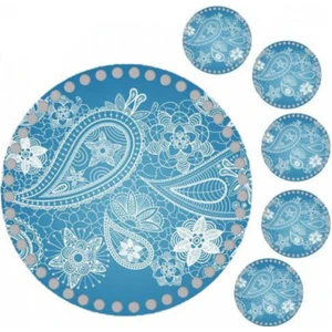 Grafilli Design 30 cm Mavi Desen Baskılı Örgü Ahşap Tepsi Tabanı Plakası, 5 Adet 10 cm Baskılı Bardak Altı