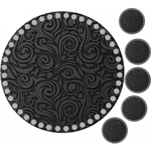 Grafilli Design 30 cm Siyah Motif Baskılı Örgü Ahşap Tepsi Tabanı Plakası, 5 Adet 10 cm Baskılı Bardak Altı