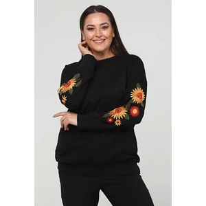 Kadın Büyük Beden Kolları Çiçek Nakışlı Uzun Siyah Sweatshirt
