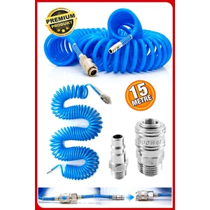 Havalı Profesyonel Yüksek Kalite Kompresör Spiral Hava Hortumu 8 mm 15 mt Hava Jakı Kompresör Recor Seti