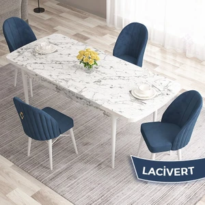 Concept Roz SERISI,80X132 Mdf Açılabilir Beyaz Mermer Desen Mutfak Masası Takımı 4 Sandalye Gold Halkalı