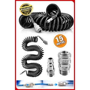Havalı Profesyonel Yüksek Kalite Kompresör Spiral Hava Hortumu 8 mm 15 mt Hava Jakı Kompresör Recor Seti
