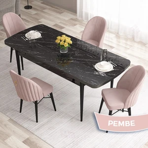 Concept Roz Serisi 80X132 Mdf Açılabilir Siyah Mermer Desen  Mutfak Masa Takımı 4 Sandalye Gold Halkalı