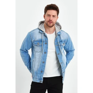 Erkek Klasik Şehirli Tarzda Denim Günlük Kullanım Için Kapşonlu Kot Ceket Açık Mavi