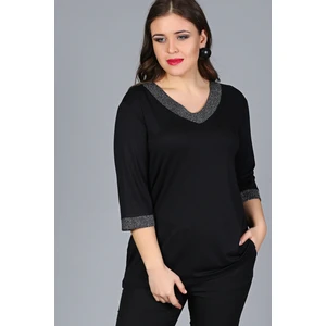 Curvy Trend Büyük Beden Yaka Kolucu Sim Detaylı Siyah Yarım Kol Bluz Kadınlar İçin Şık