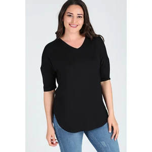 Curvy Trend Büyük Beden Yan Yırtmaç Yarım Kol Bluz Siyah