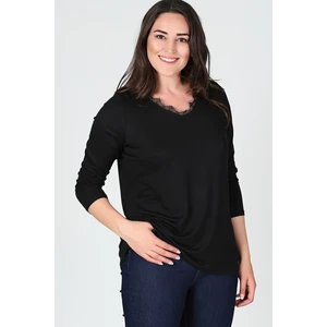 Curvy Trend Yaka Dantel Detaylı Uzun Kol Bluz Siyah