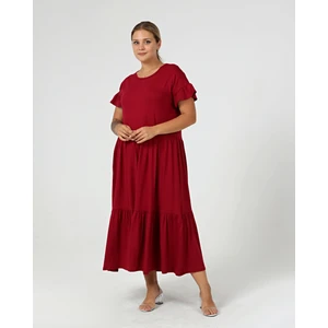Curvy Trend Büyük Beden Büzgülü Blok Fırfır Kol Elbise Bordo