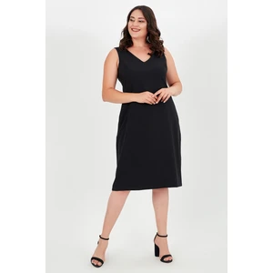 Curvy Trend Büyük Beden V Yaka Kolsuz Fermuarlı Elbise Siyah