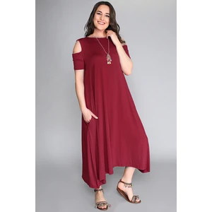 Curvy Trend Omuz Dekolte Viskon Elbise Bordo