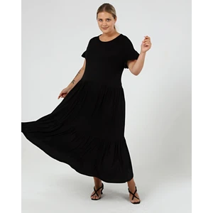 Curvy Trend Büyük Beden Büzgülü Blok Fırfır Kol Elbise Siyah