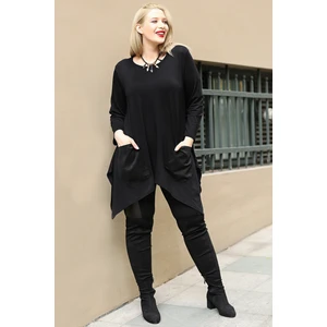 Curvy Trend Büyük Beden Ön Cepli Yırtmaçlı Uzun Kol Tunik Siyah