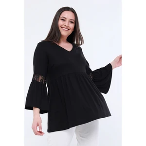 Curvy Trend Büyük Beden Dantel Detaylı Ispanyol Kol Tunik Siyah
