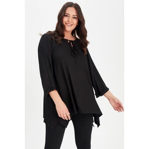 Curvy Trend Büyük Beden Yaka Bağcıklı Kol Katlamalı Yan Yırtmaçlı Tunik Siyah