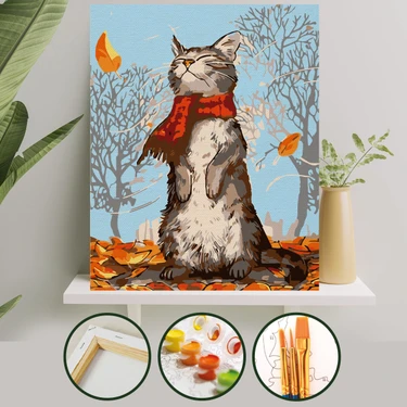 Sayılarla Boyama Tuval Seti Fırça Boya Dahil (Çıtalı) 40X50 cm - Kedi ve