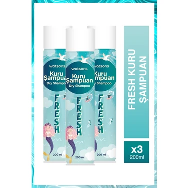 Watsons Kuru Şampuan - Canlandırıcı Etki ve Fresh Koku, 200 ml x 3 Adet, Bitkisel Formül, Paraben
