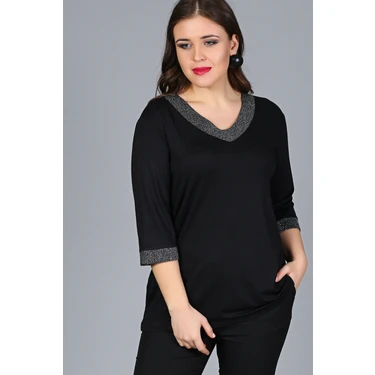 Curvy Trend Büyük Beden Yaka Kolucu Sim Yarım Kol Bluz
