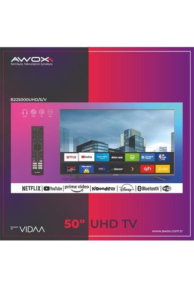 Awox B225000 50" 127 Ekran Uydu Alıcılı 4K Ultra HD VİDAA Smart LED TV (Çerçevesiz)