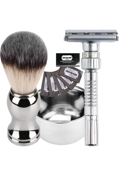 Qualis Shave Q8 Full Metal Manuel Tıraş Makinesi + F10 Fırça + Kase + 5 Adet Platinum Yaprak Jilet