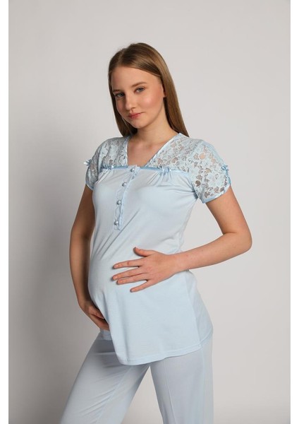4905 Mavi Krinkel Sabahlıklı Lohusa 3 Lü Pijama Sabahlık