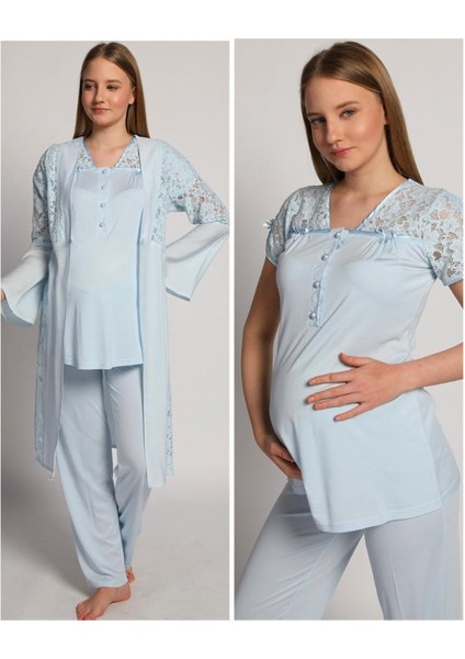 4905 Mavi Krinkel Sabahlıklı Lohusa 3 Lü Pijama Sabahlık