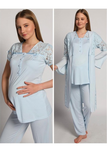 4905 Mavi Krinkel Sabahlıklı Lohusa 3 Lü Pijama Sabahlık
