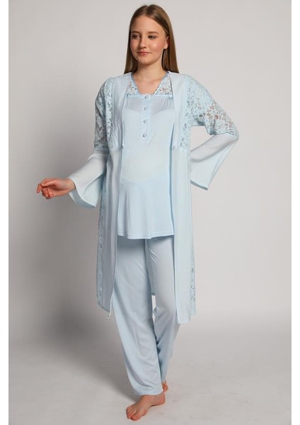 4905 Mavi Krinkel Sabahlıklı Lohusa 3 Lü Pijama Sabahlık