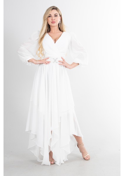 Ekru Balon Kol Kruvaze Yaka Asimetrik Kesim Abiye Elbise 6502417.147