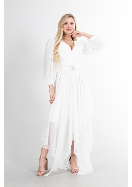 Ekru Balon Kol Kruvaze Yaka Asimetrik Kesim Abiye Elbise 6502417.147 fiyatları