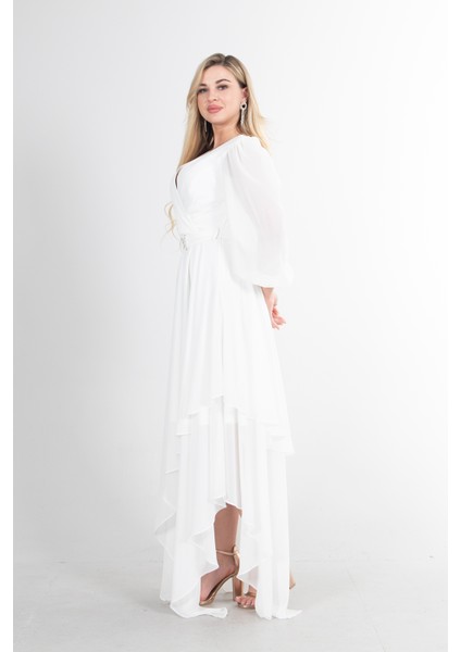 Ekru Balon Kol Kruvaze Yaka Asimetrik Kesim Abiye Elbise 6502417.147 modelleri