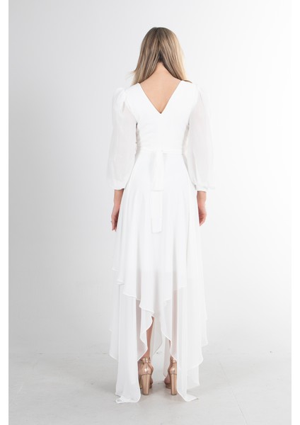 Ekru Balon Kol Kruvaze Yaka Asimetrik Kesim Abiye Elbise 6502417.147 fırsatları