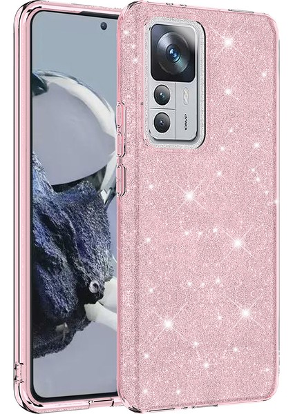 Case 4U Xiaomi Mi 12T / Mi 12T Pro Kılıf Çift Katmanlı Simli Shining Silikon Arka Kapak Pembe