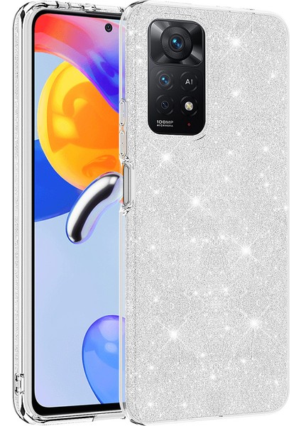 Case 4U Xiaomi Redmi Note 11 Pro 5G Kılıf Çift Katmanlı Simli Shining Silikon Arka Kapak Gümüş