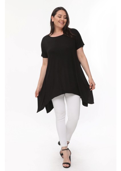 Büyük Beden Kısa Kol Yırtmaçlı Basic Bluz Siyah fiyatları