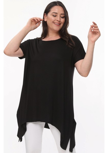 Büyük Beden Kısa Kol Yırtmaçlı Basic Bluz Siyah modelleri